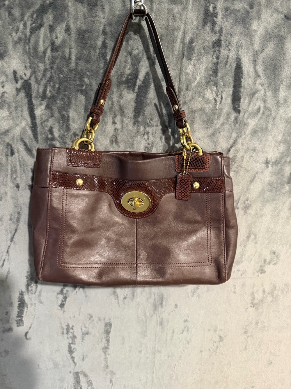 Coach “Penelope” Brown + Snake Skin Pattern Leather satchel shoulder bag.